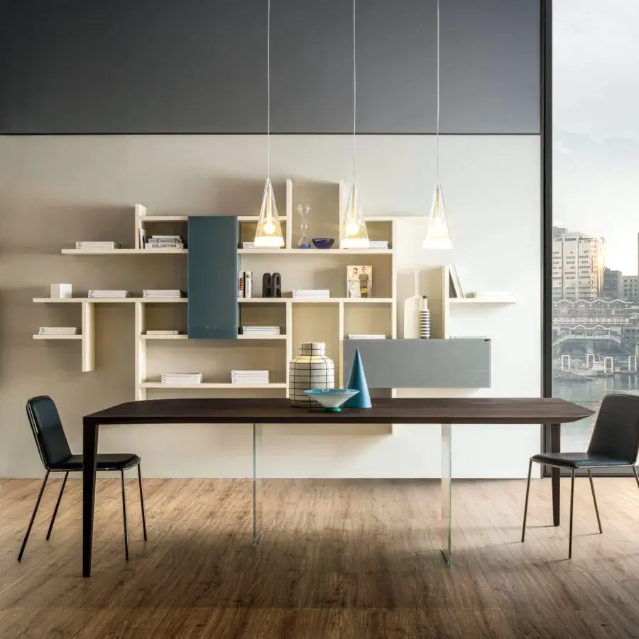 Exceptional Lago P&J table with ultra-thin Wildwood top and clear glass supports exhibiting a dark wood finish