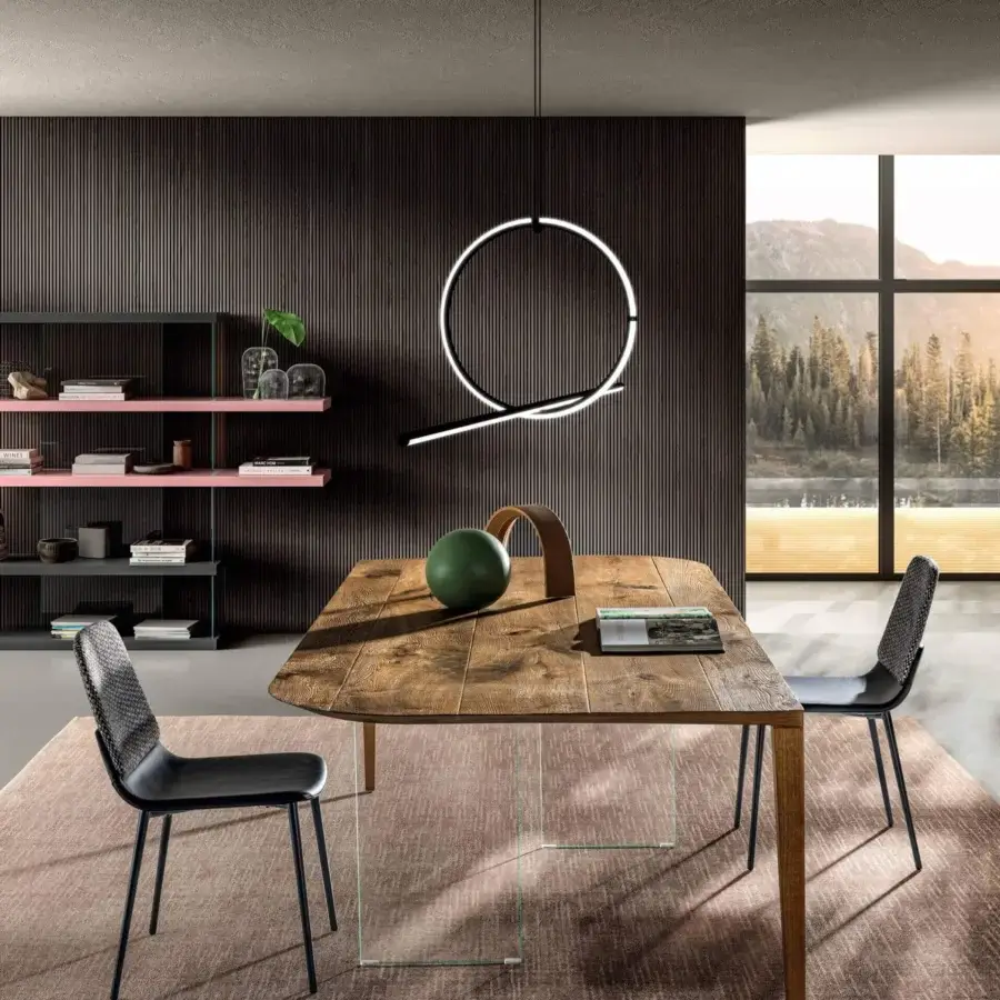 Superior Lago P&J table with Wildwood tabletop, wooden legs, plus a transparent glass base and matte finish