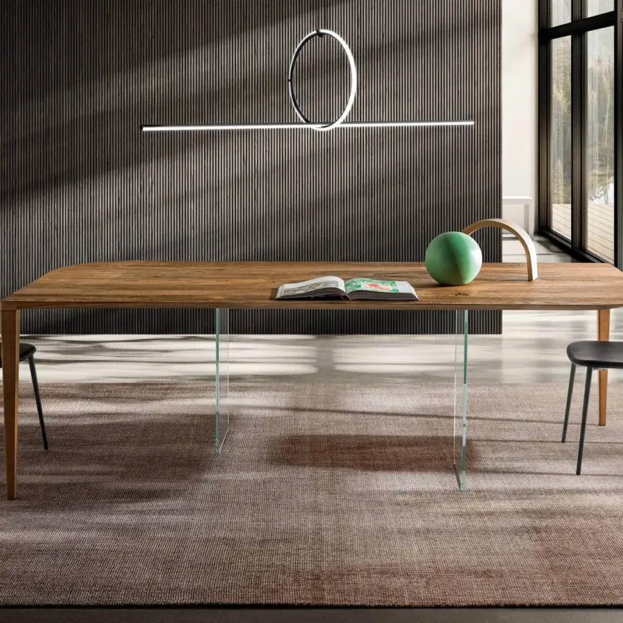 Distinguished Lago P&J table with a light brown wood grain finish, ultra-thin Wildwood top, plus clear glass legs
