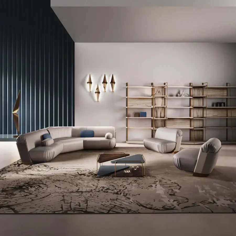 Lavish Bizzotto Italia Hanami coffee table with hand-moulded ceramic, rippled texture, and folded golden metal structure