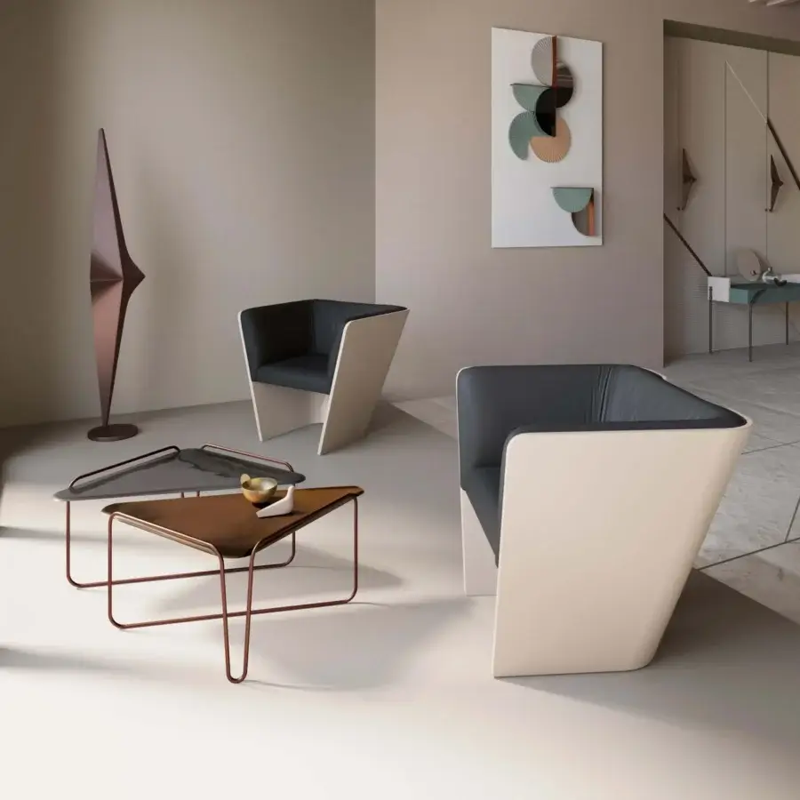 Elegant Bizzotto Italia Hanami coffee table with hand-moulded ceramic tops, rippling surface, and copper folded metal structure