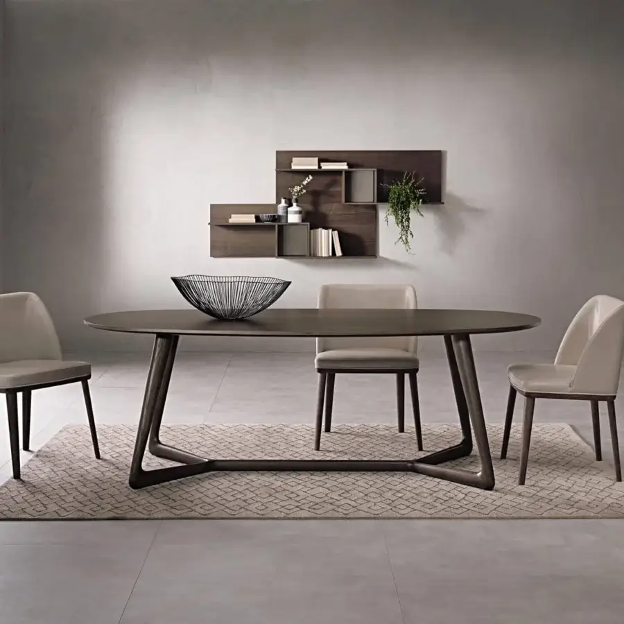 Superior Pacini & Cappellini Cover table with oval dark brown veneered ash wood top and crossed solid ash wood base