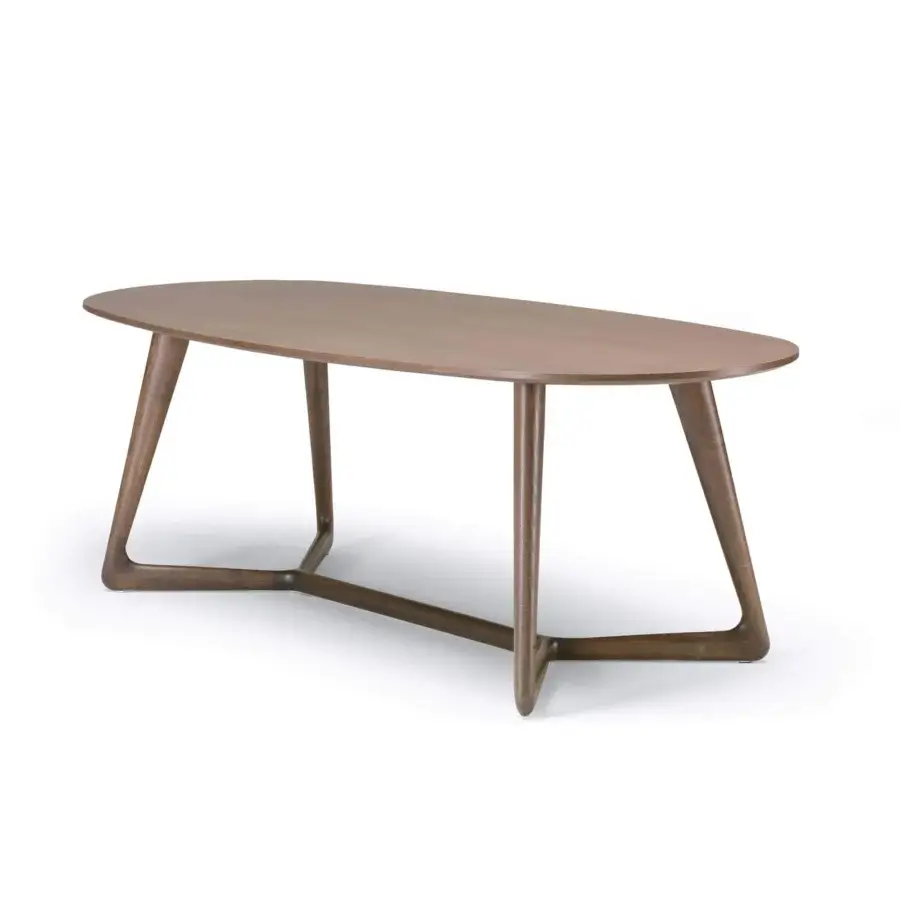 Elegant Pacini & Cappellini Cover table crafted with a medium brown veneered ash wood top and uniquely curved solid ash wood base