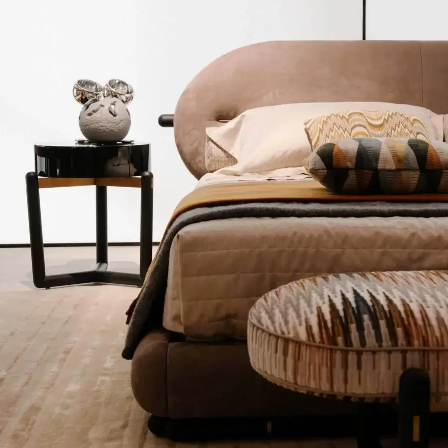 Elegant CPRN Homood Cecil bench crafted in Italy with geometric textile upholstery and gold accented dark wood legs