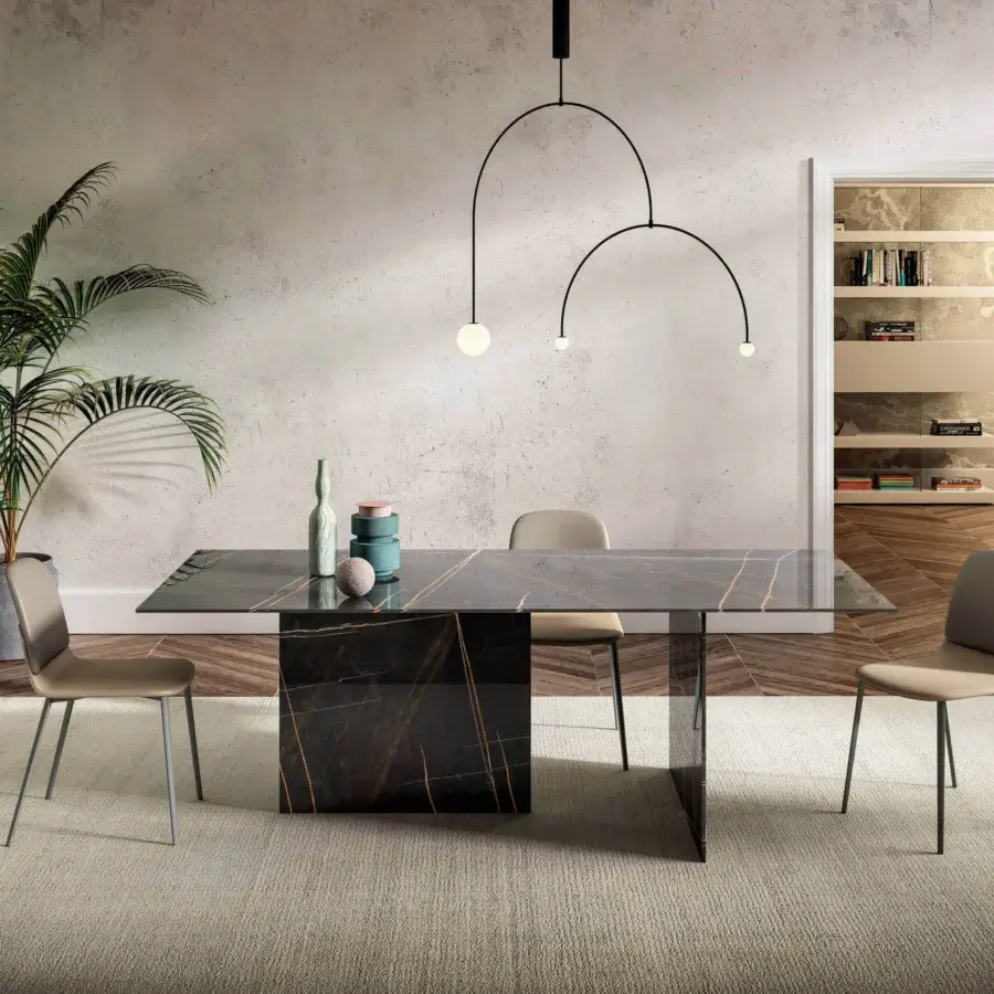 Distinguished Lago Stratum table with rectangular XGlass finish mimicking dark marble and gold veining in stratified glass construction