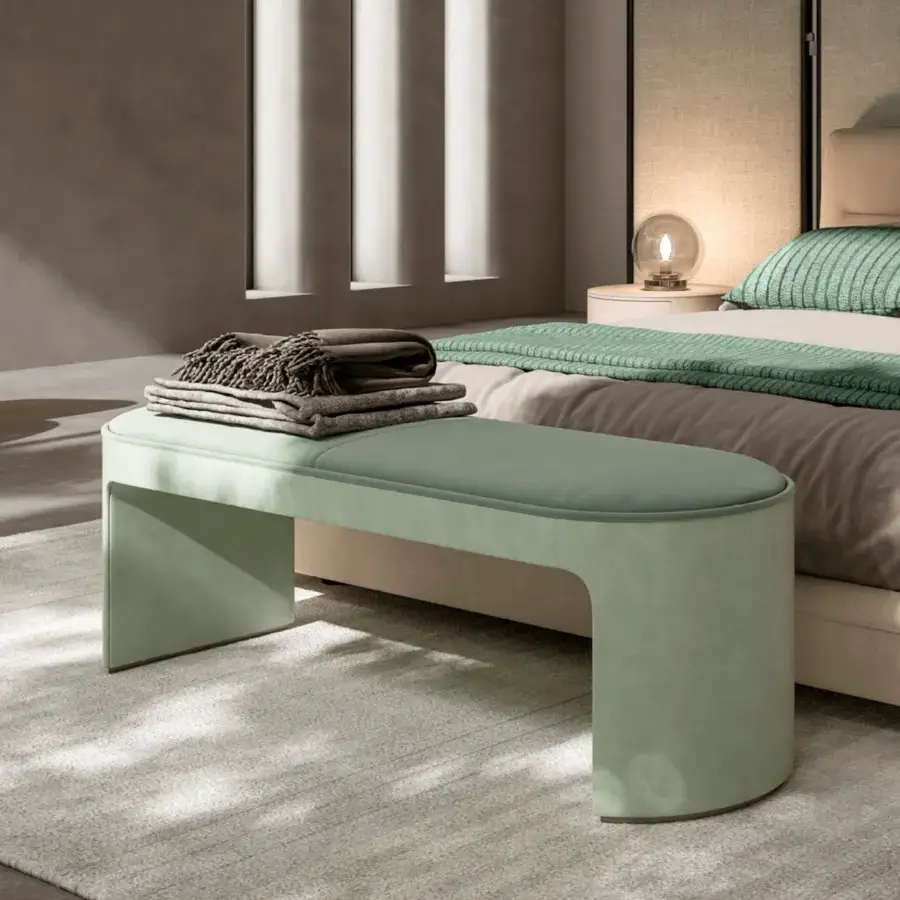 Exceptional CPRN Homood Ivory bench crafted in soft green textile with smooth matte finish