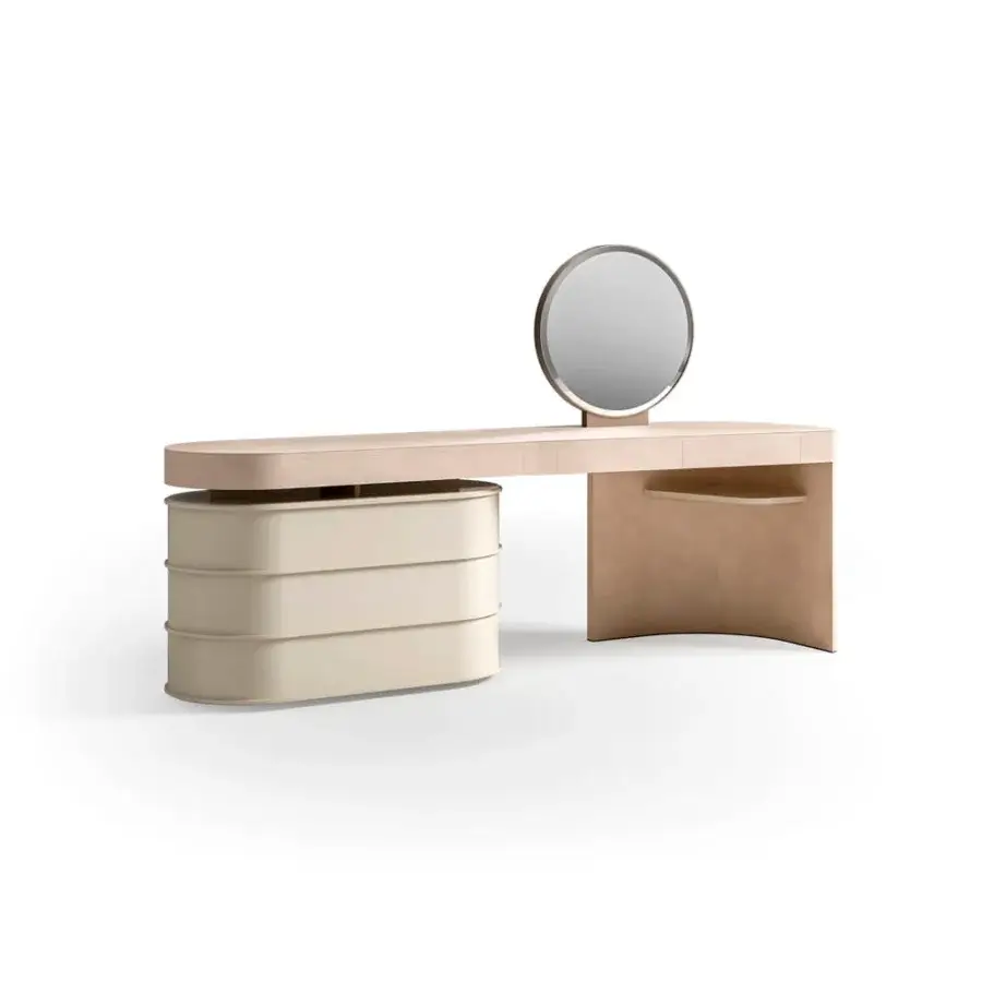 Superior CPRN Homood Derry vanity with rounded edges in pale beige lacquered wood and plush leather padding