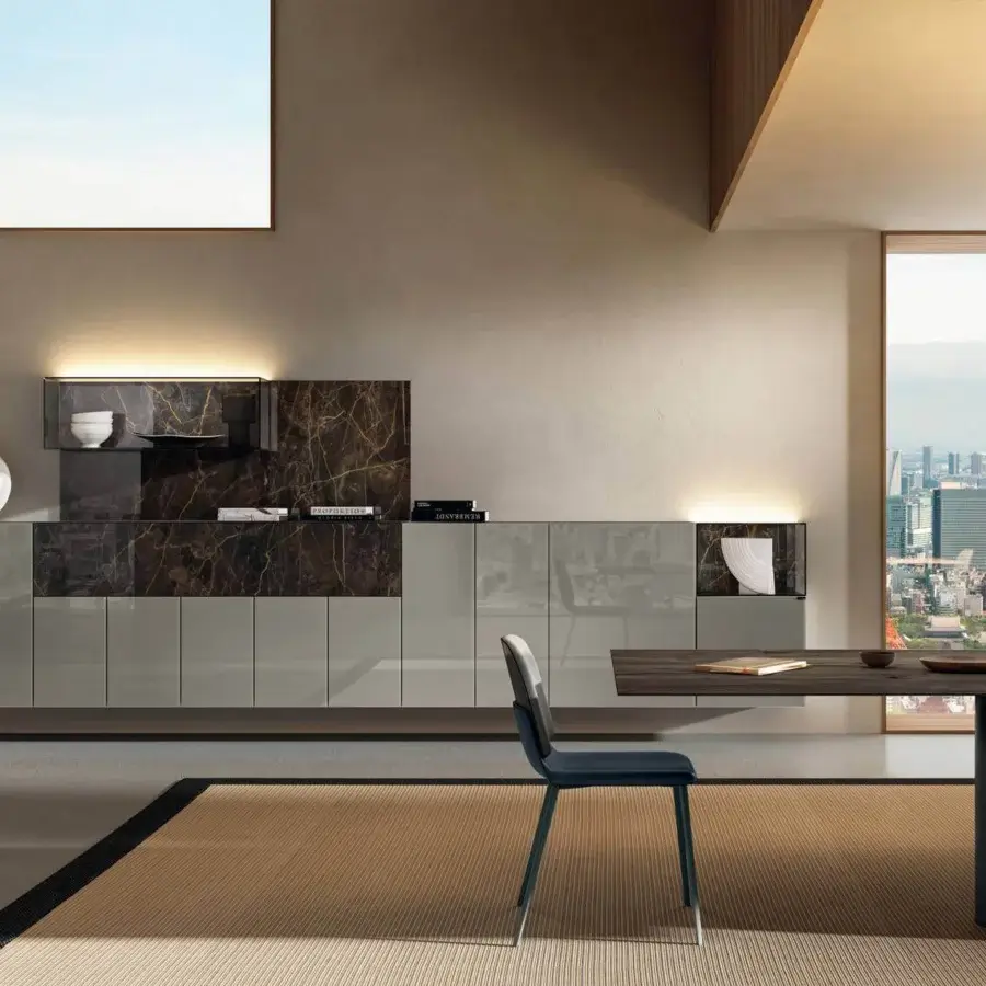 Distinguished Lago U Rectangular table with a dark wood tabletop and sleek base crafted in dark metal offering unique equilibrium