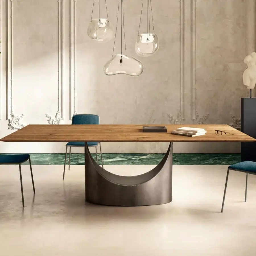 Distinguished Lago U Rectangular table with a warm brown wood tabletop and dark metal crescent base