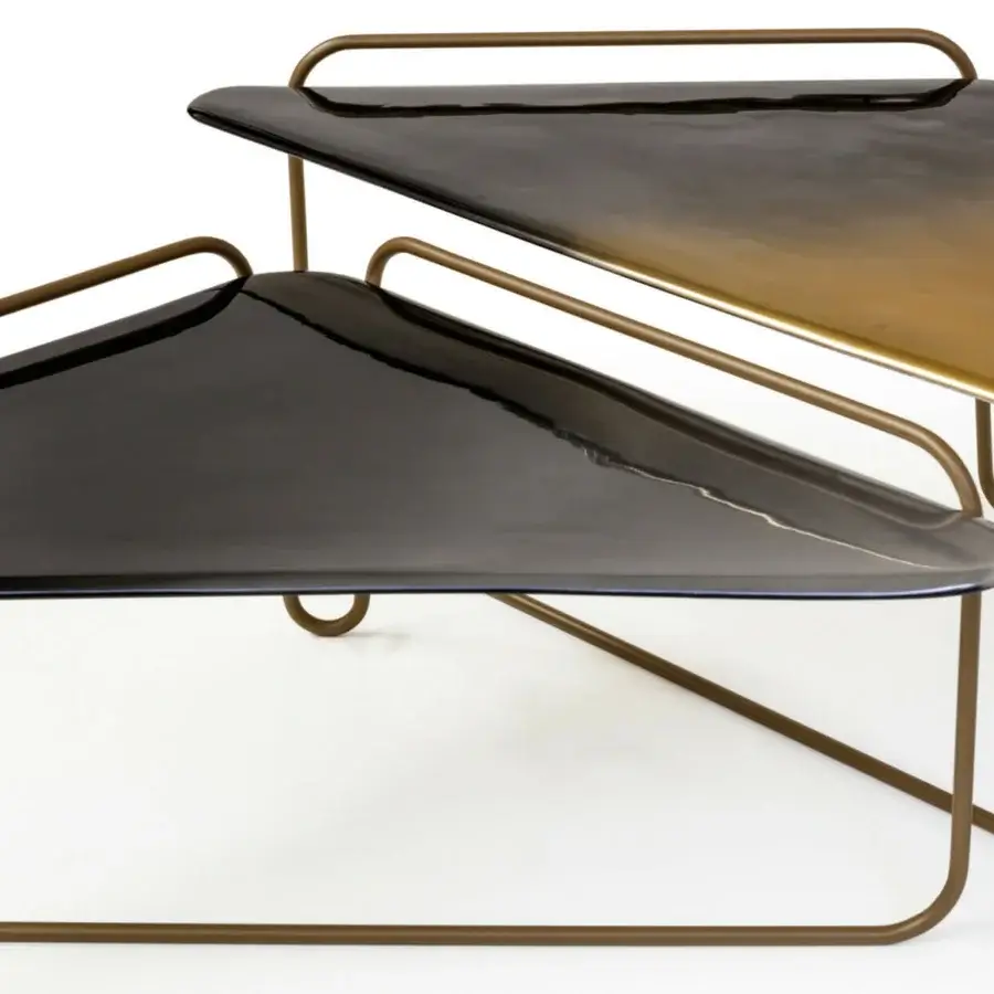 Distinguished Bizzotto Italia Hanami coffee table with tiered ceramic tops and bronze-toned folded metal frame crafted in a dark-to-gold gradient
