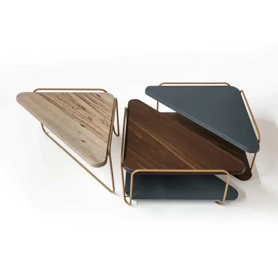 Exceptional Bizzotto Italia Hanami coffee table with hand-moulded gray-blue ceramic and golden folded metal structure in a matte finish