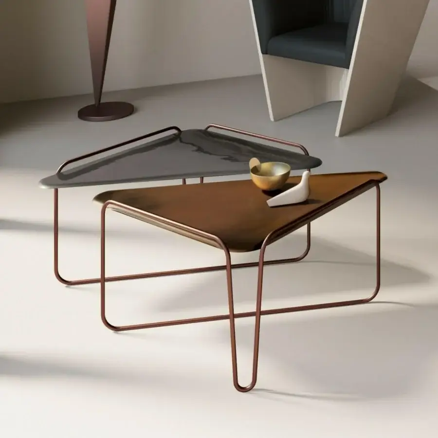 Superior Bizzotto Italia Hanami coffee and side tables with hand-moulded ceramic in cool grey and warm brown plus copper-colored metal frames