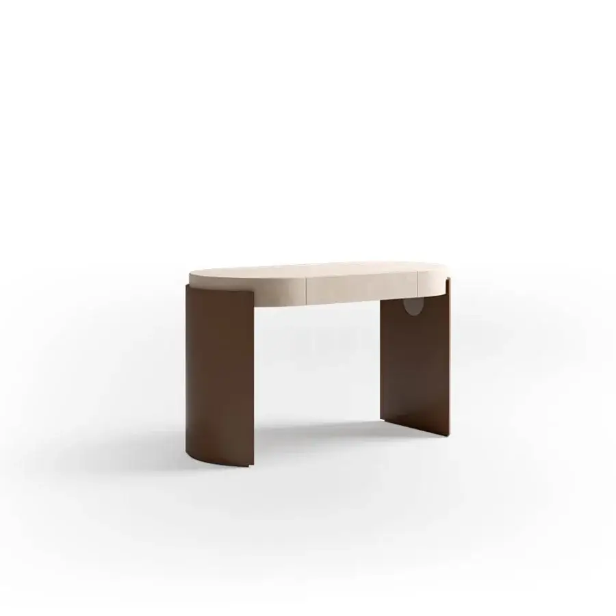 Elegant CPRN Homood Jules vanity with light beige leather tabletop and lacquered brown wooden base crafted in Italy