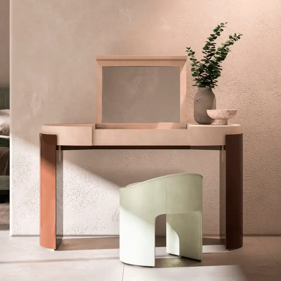 Distinguished CPRN Homood Jules vanity with light beige lacquered wood and reddish brown accents on curved legs crafted in leather