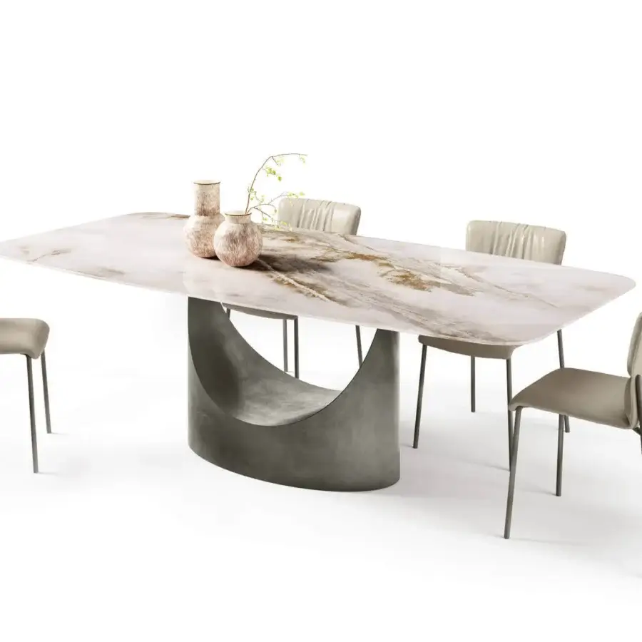 Superior Lago U shaped table with swirling white, beige and gold marble-like pattern and modern gray pedestal base