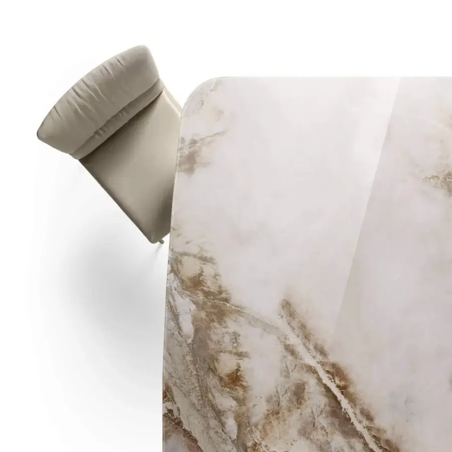 Captivating Lago U shaped table with creamy white and brown swirling marble-like composite and glossy finish