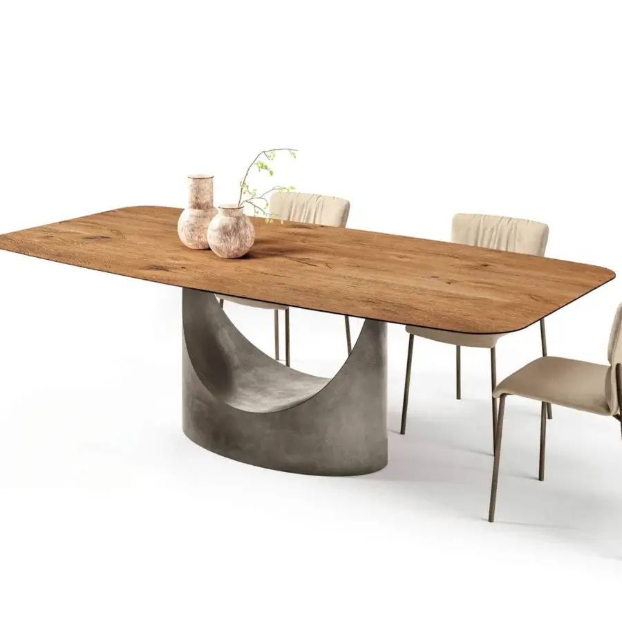 Elegant Lago U shaped table with a textured medium-brown wood grain top and matte gray sculpted base