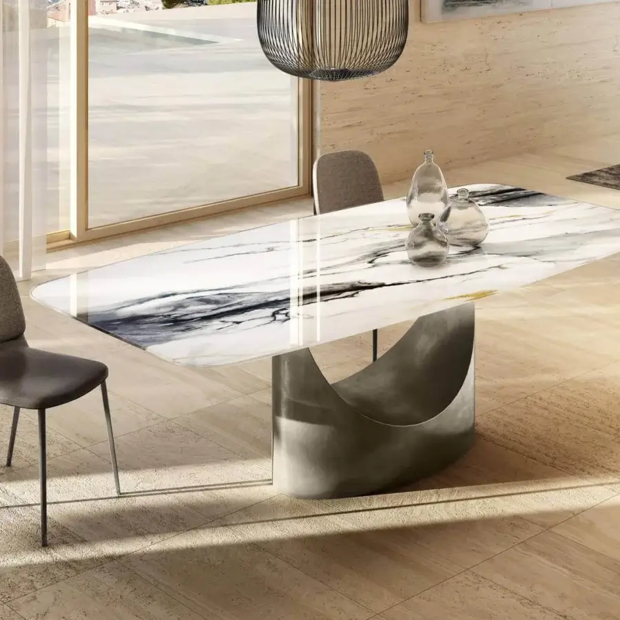 Captivating Lago U shaped table with white, gray, black and gold marble-like top and matte gray concrete-like composite base