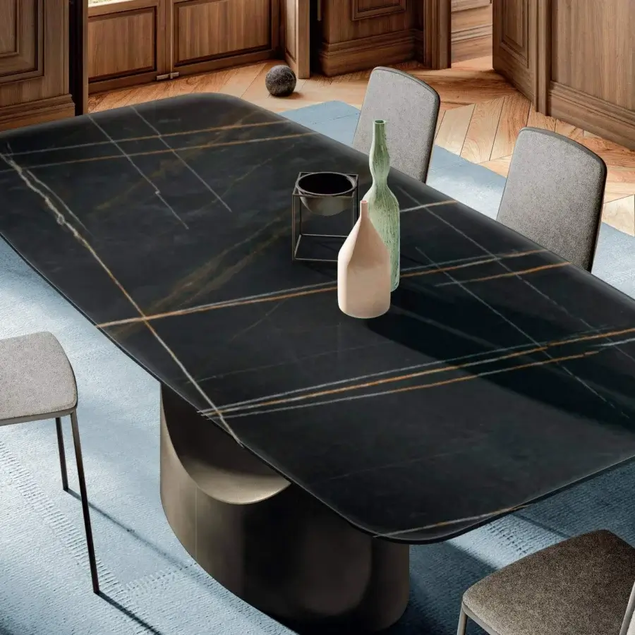 Distinguished Lago U shaped table with a dark stone-like top and matte finish sculptural base crafted in Italy with linear gold and white patterns
