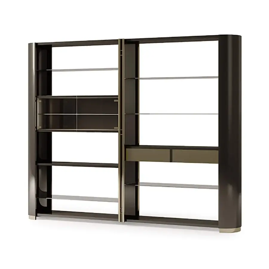 Distinguished Bizzotto Italia Ikat bookcase in deep brown with light golden-brown drawer fronts and glass shelving, showcasing a glossy finish