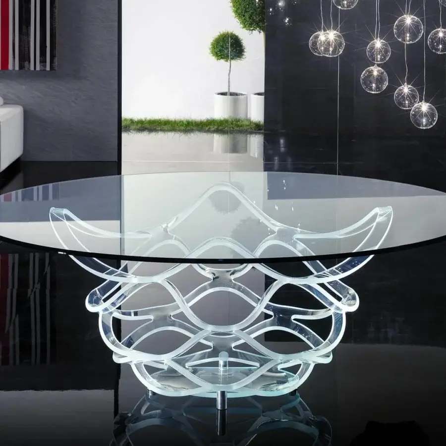 Distinguished Reflex Neolitico glass table with curved transparent base and beveled glass top