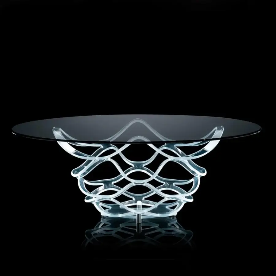 Exceptional Reflex Neolitico glass table with layered curved glass base and smoky tinted beveled glass top