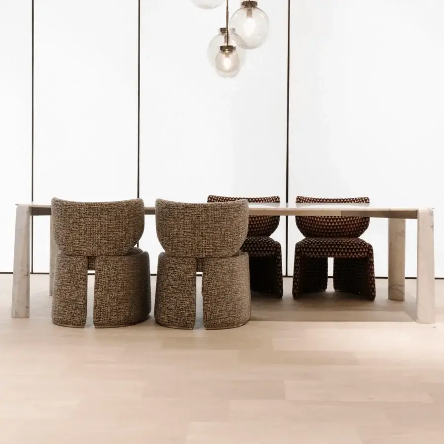 Exclusive CPRN Homood Emilia chair with woven textile upholstery in warm brown and tan tones and a metal base