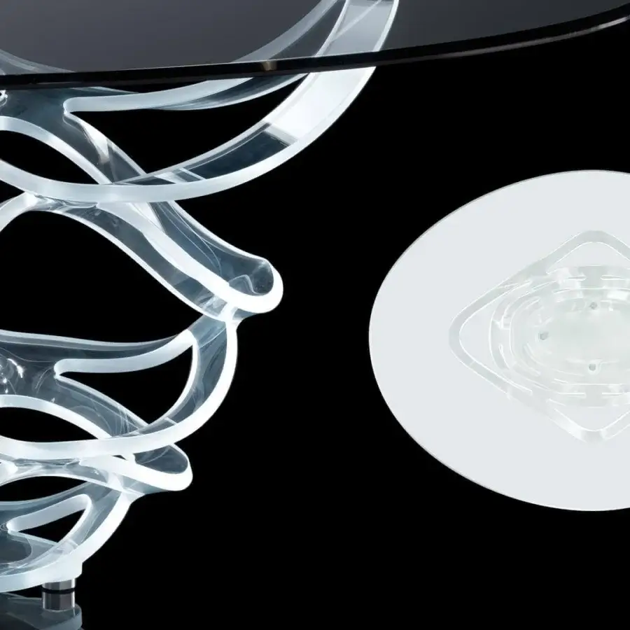 Sophisticated Reflex Neolitico glass table with interwoven curved glass base and beveled glass top