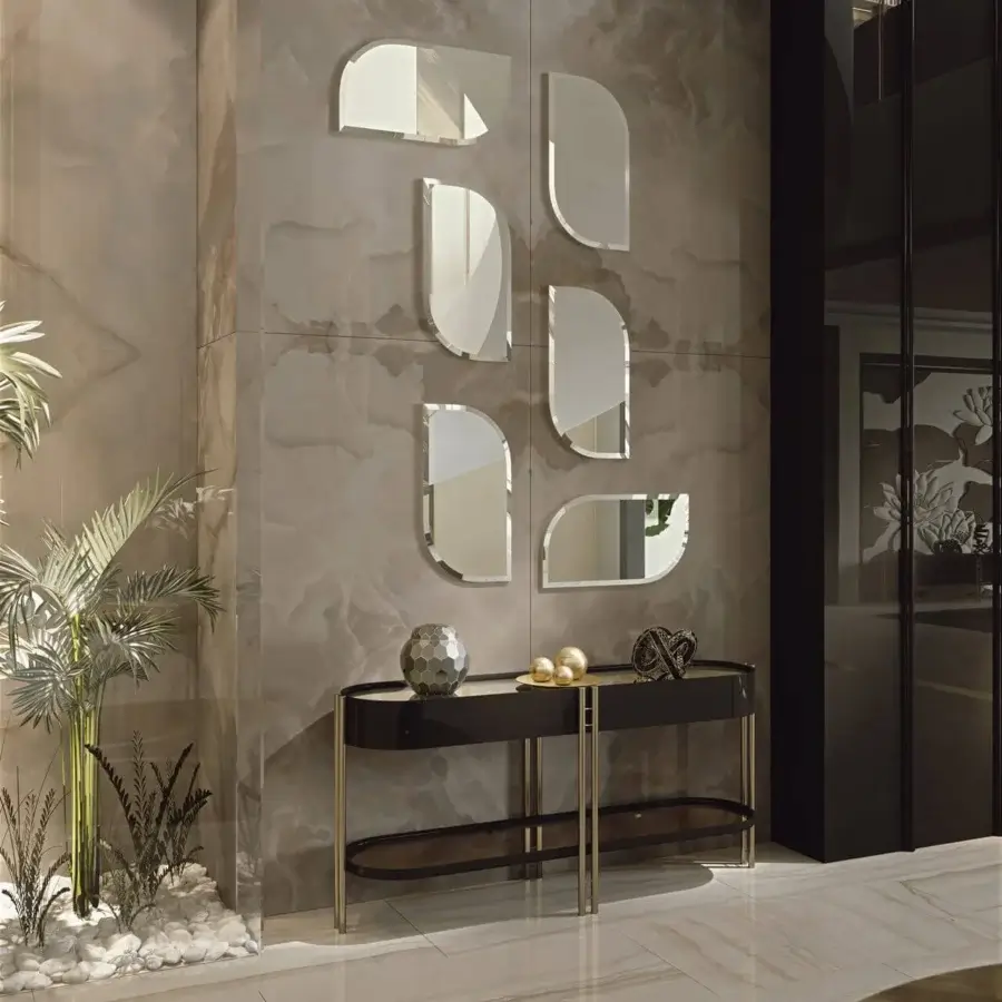 Elegant Bizzotto Italia Ikat console with black surfaces and reflective Flamme metal frame