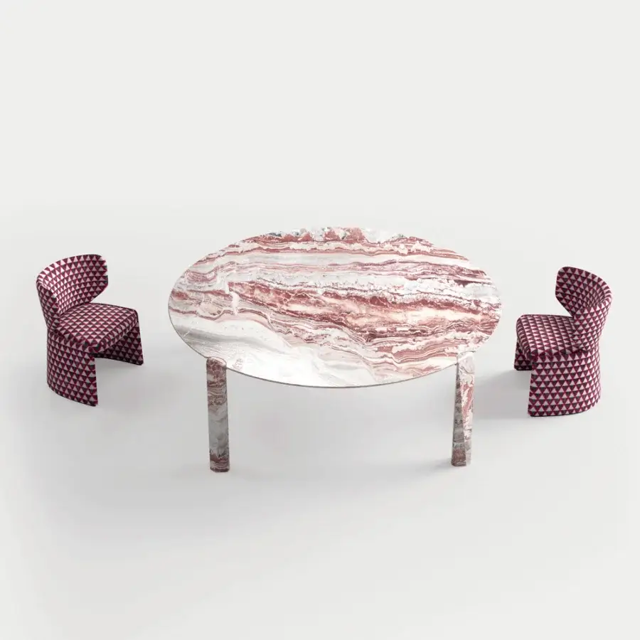 Exceptional CPRN Homood Victor table with pink, white and grey marble top and cylindrical legs in patterned finish