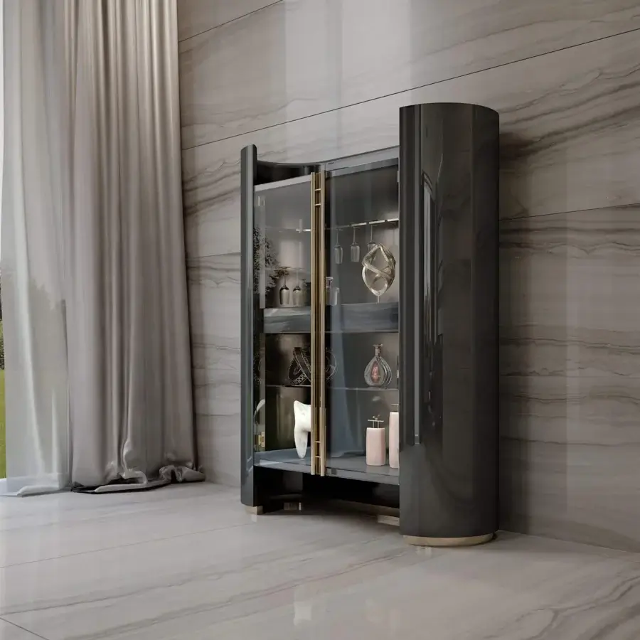 Elegant Bizzotto Italia Ikat cupboard with softly rounded borders and dark gray glossy finish with gold accents