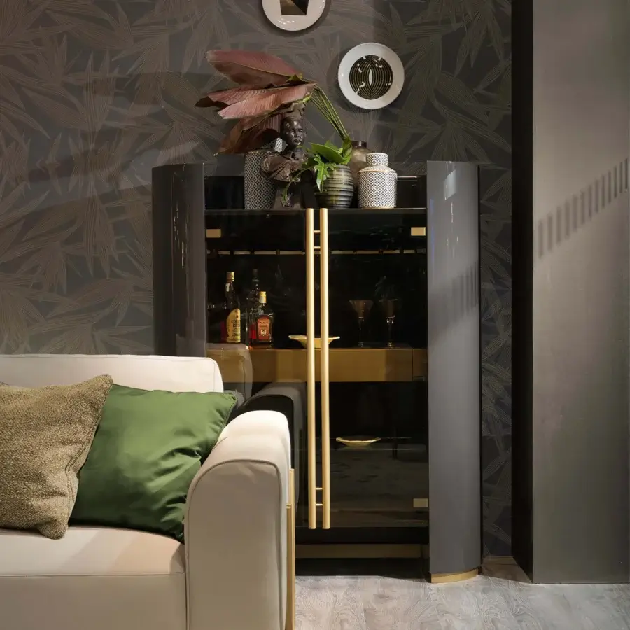 Distinguished Bizzotto Italia Ikat cupboard in dark gray and black with gold-toned hardware and a glossy Flamme finish