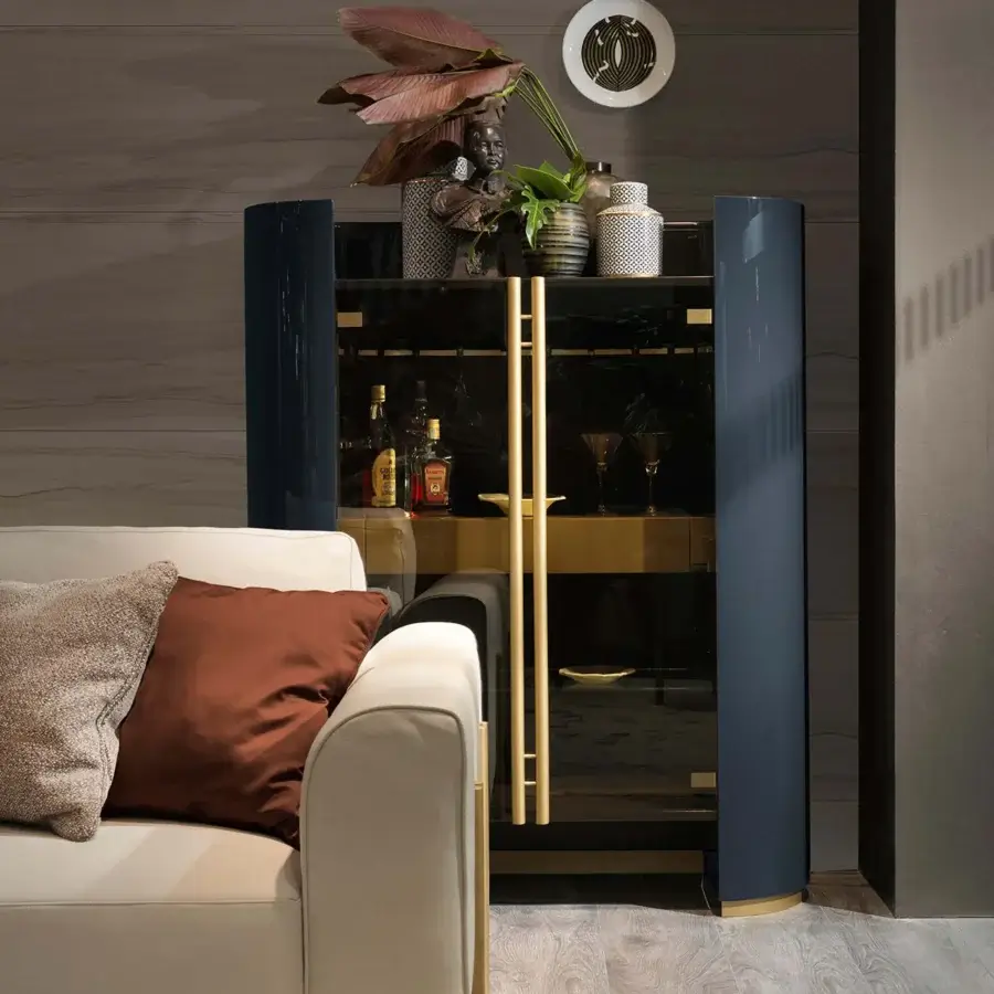 Exceptional Bizzotto Italia Ikat cupboard in dark blue or black with gold-toned accents and glossy Flamme finish