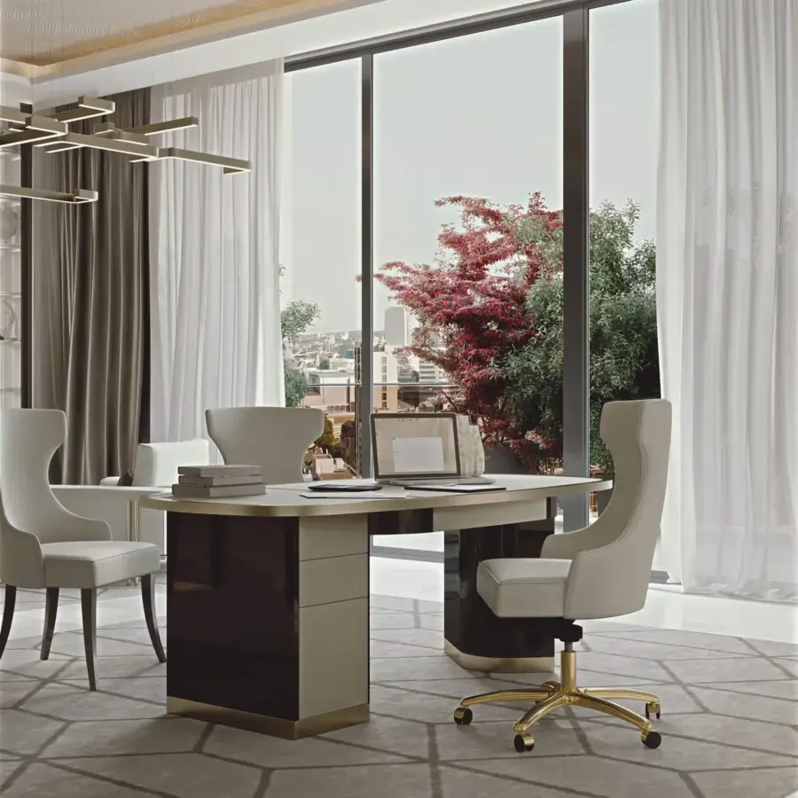 Elegant Bizzotto Italia Ikat desk with a light top, gold border detail and dark Flamme finish pedestals crafted in Italy