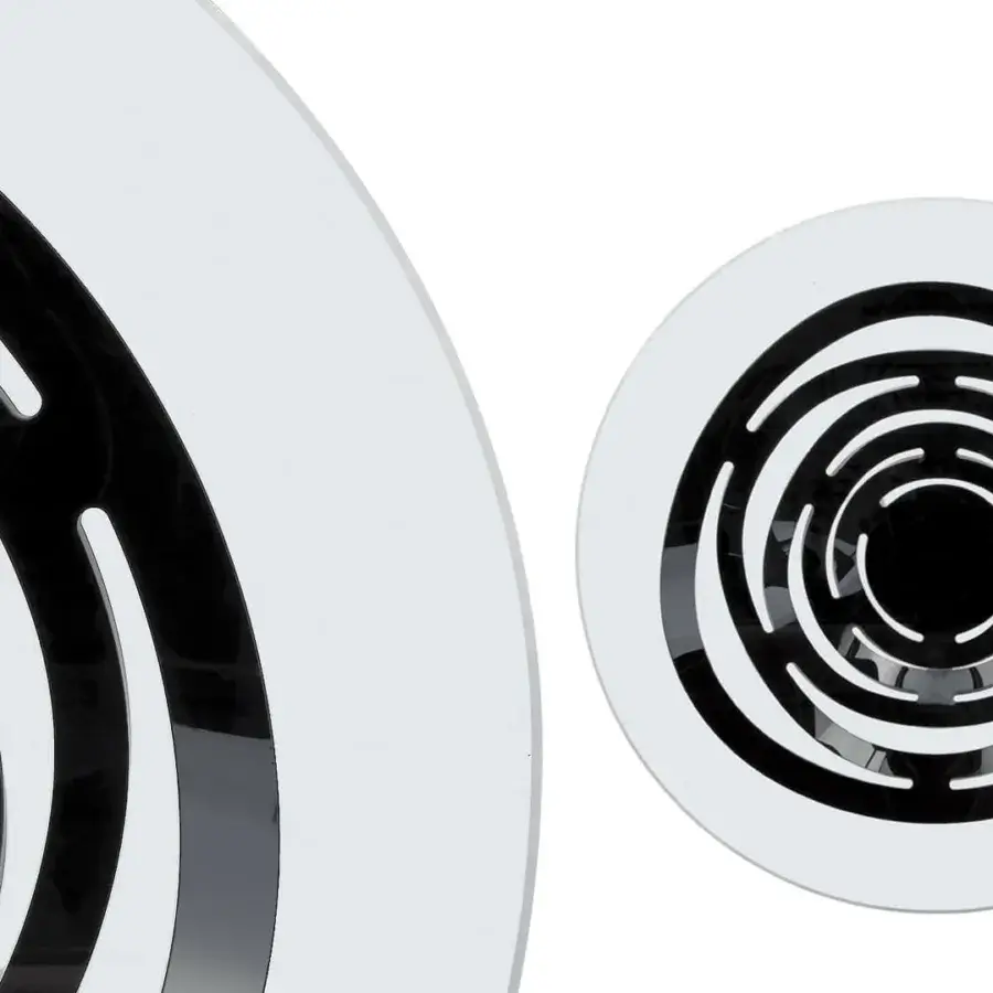 Superior Reflex Neolitico glass table with curved glass construction and glossy white concentric rings
