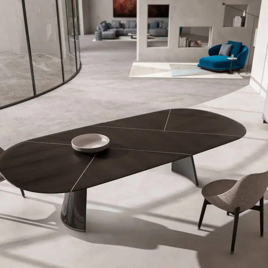 Superior CPRN Homood Talos table with dark brown wooden top displaying geometric pattern and lacquered wooden base with metal details