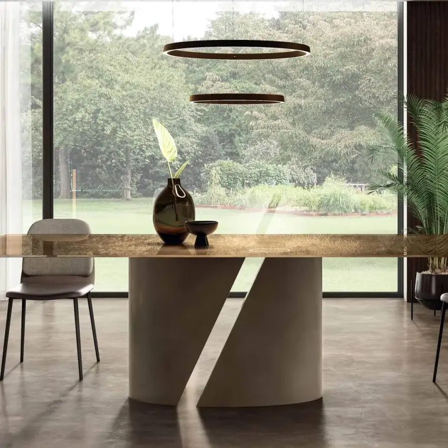 Architectural Lago Wadi rectangular table with dynamically divided base and glossy mottled gold finish
