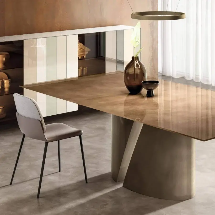 Distinguished Lago Wadi rectangular table with a diagonally cut light beige cylindrical base and glossy bronze tabletop crafted in Italy