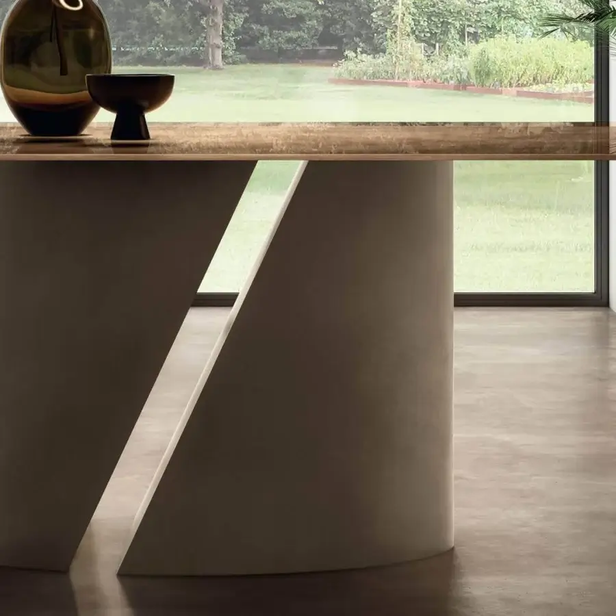 Captivating Lago Wadi rectangular table with a smooth sealed Wildwood tabletop and neutral grey diagonally cut base