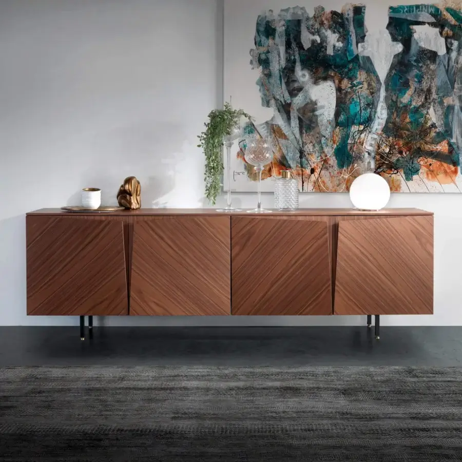 Superior Pacini & Cappellini Milano sideboard with wood doors and a medium-brown finish supported by graphite metal with brass details