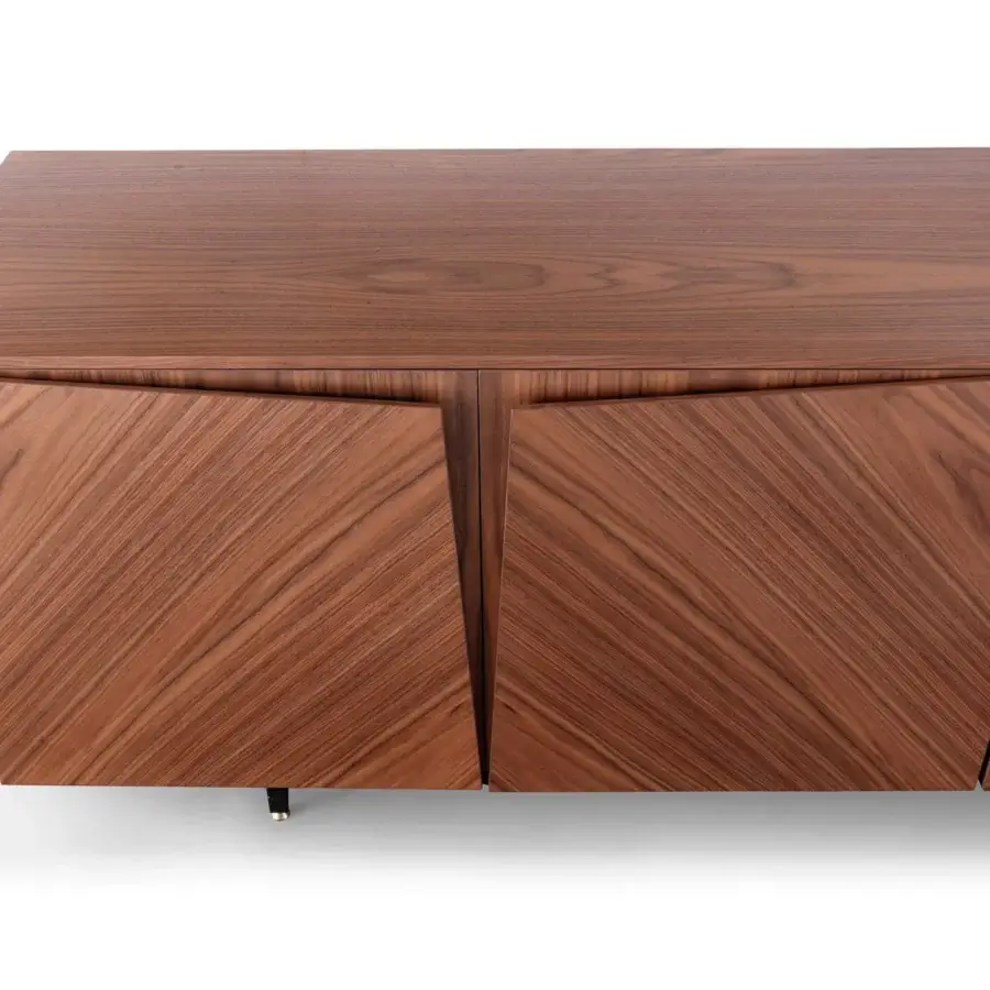 Exceptional Pacini & Cappellini Milano sideboard with wood doors, graphite metal feet and clear glass shelves in a medium-brown finish