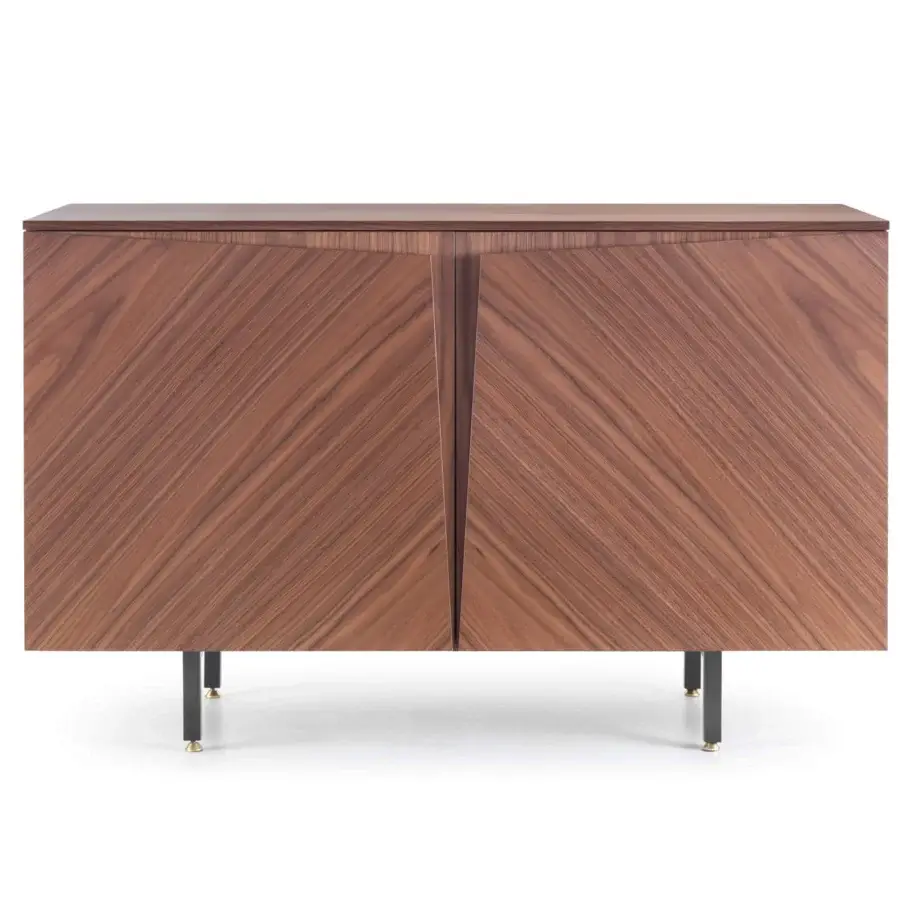 Distinguished Pacini & Cappellini Milano sideboard with medium-toned brown wood, graphite metal feet and brass details, exhibiting angled grain doors
