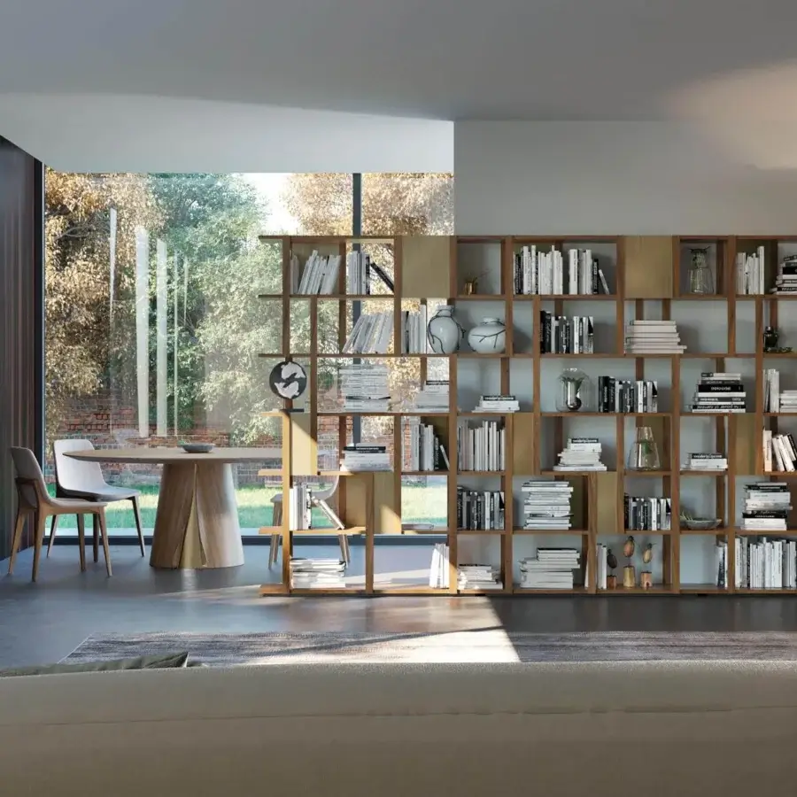 Elegant Pacini & Cappellini Marila bookcase with a veneered wood structure and shelves in a warm natural finish