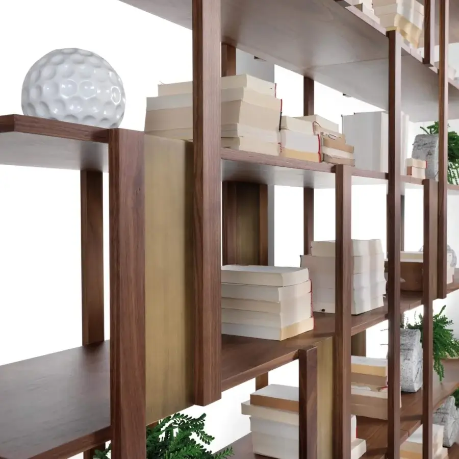 Distinguished Pacini & Cappellini Marila bookcase crafted in veneered wood with painted metal inserts and a balanced medium-toned brown hue
