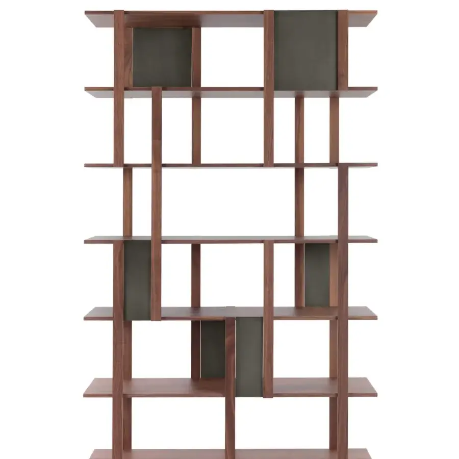 Superior Pacini & Cappellini Marila bookcase built in veneered wood with dark grey metal inserts and matte finish