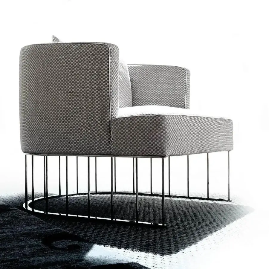 Sophisticated Erba Tentazione lounge chair with gray checkered polyester fibre and velveteen upholstery and black chrome metal base