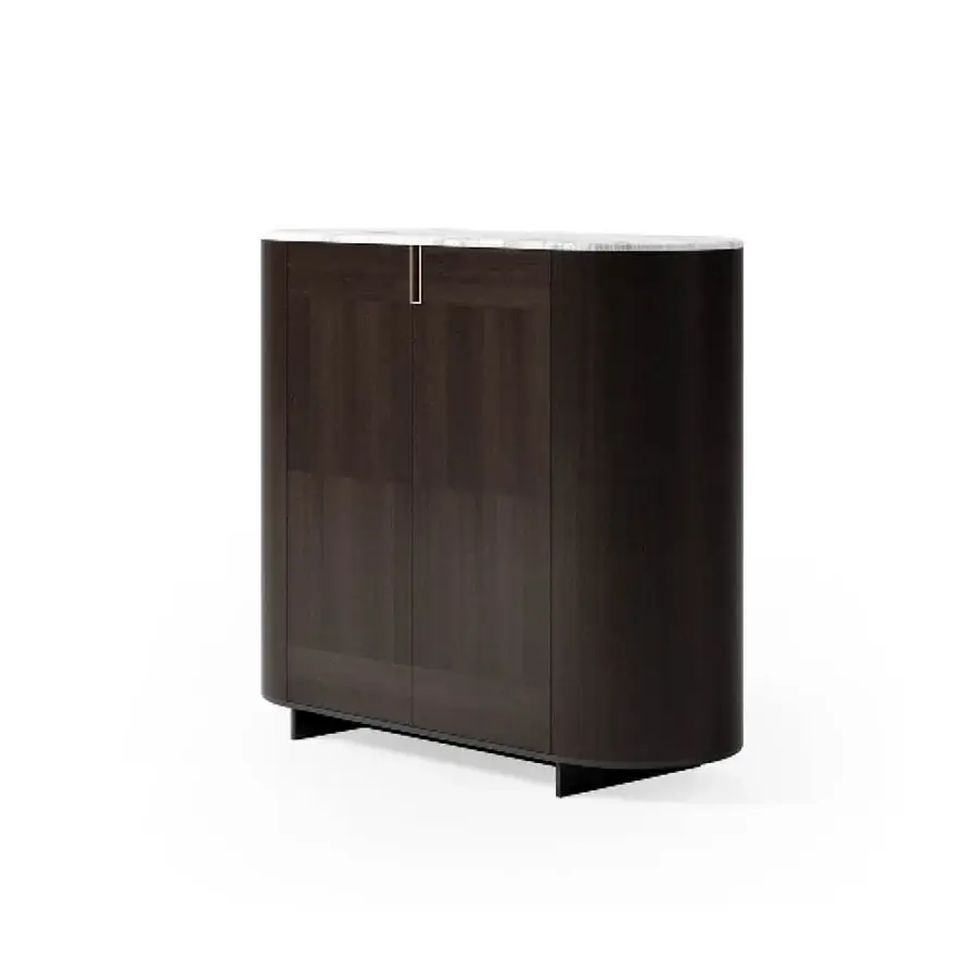 Elegant CPRN Homood Irving sideboard with dark brown wooden veneer and contrasting white marble top accented with golden details