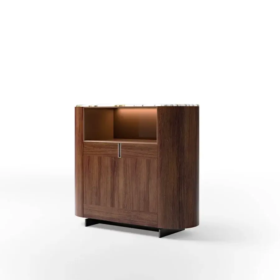 Distinguished CPRN Homood Irving sideboard with light marble and dark brown wooden veneer built with sleek metal handles and base