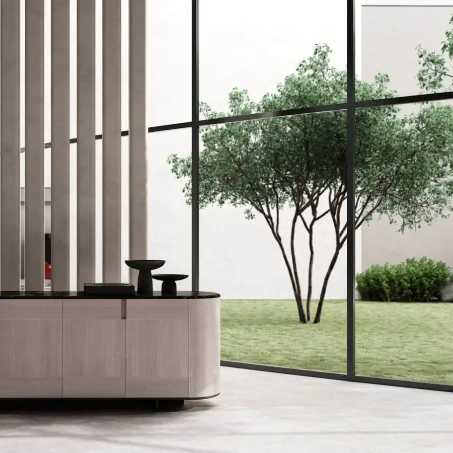 Superior CPRN Homood Irving sideboard with light wooden veneer, black marble top and recessed dark base