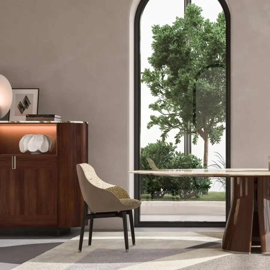 Exceptional CPRN Homood Irving sideboard with dark brown wooden veneer and premium marble top crafted with gold hardware